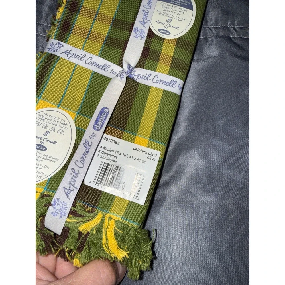 April Cornell for Danica Painters Plaid Olive Cotton Fringed Napkins Set of 4
